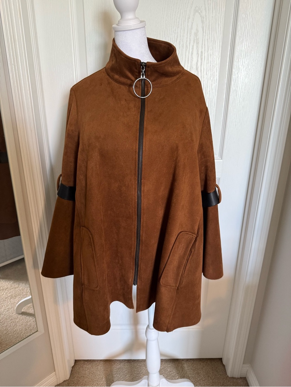 Joseph Ribkoff Chestnut Brown Suede Zip-Front Cape Jacket with Bell Sleeves